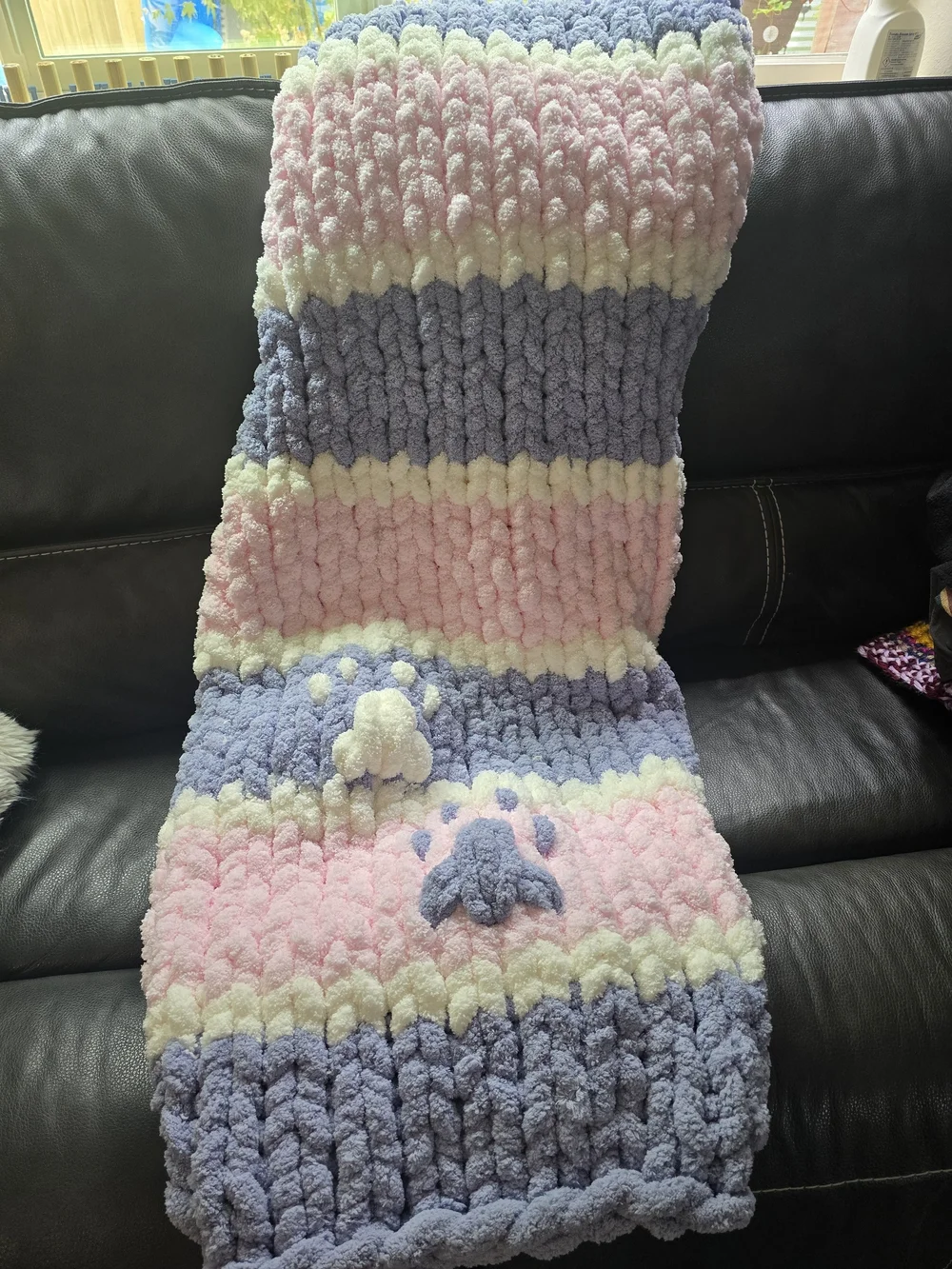Hand Made Plush Striped Kids Blanket - Pink & Grey/ Blue